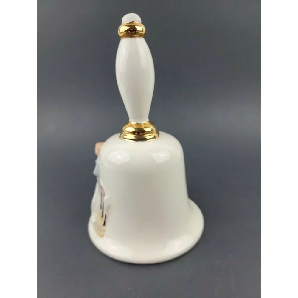 Vintage Wedding Bell Bride Groom Artisan Ceramic Porcelain Gold Trim Clapper